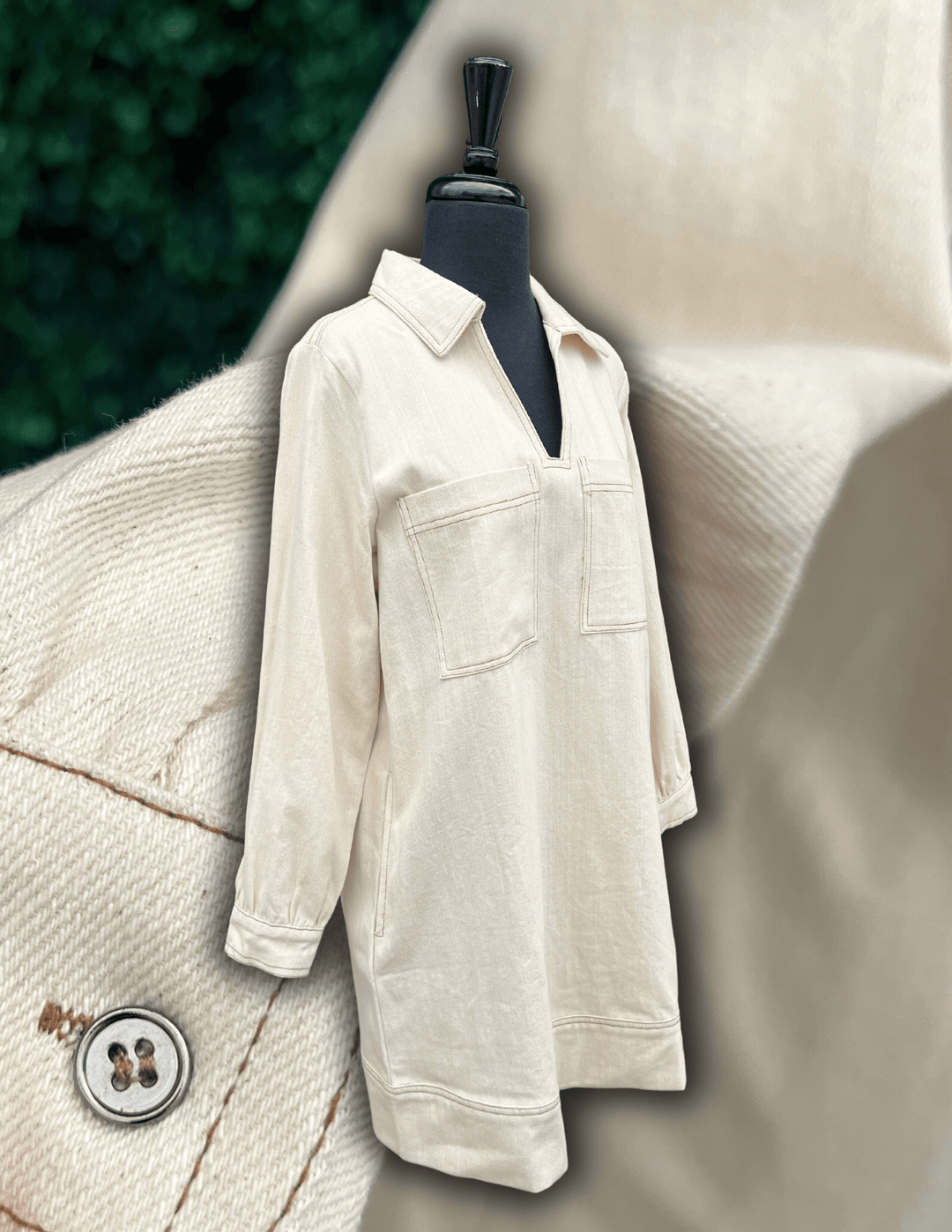 Cream Denim Dress featuring a long sleeve V neck and collar for Fall or Rodeo