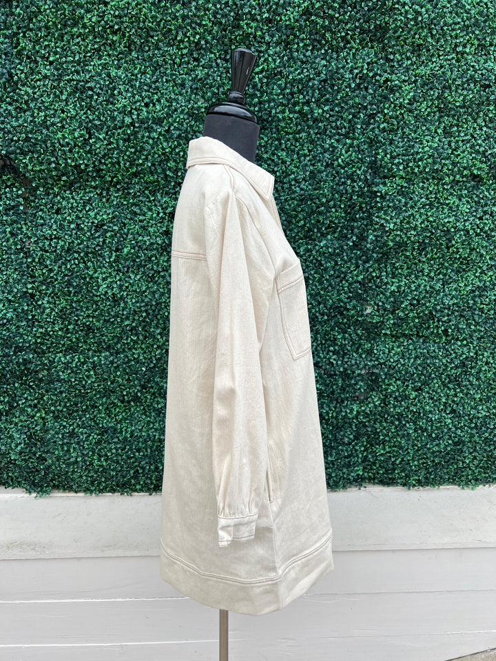 Cream Denim Dress with 4 pockets by entro brand at tres chic boutique