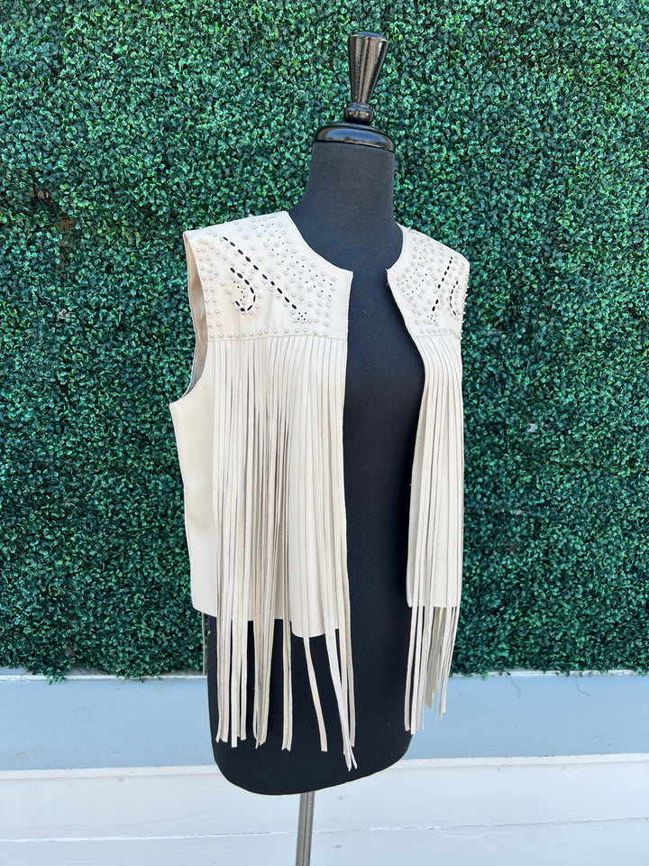 Cream Pleather Studded Fringe Vest HLRS Women&