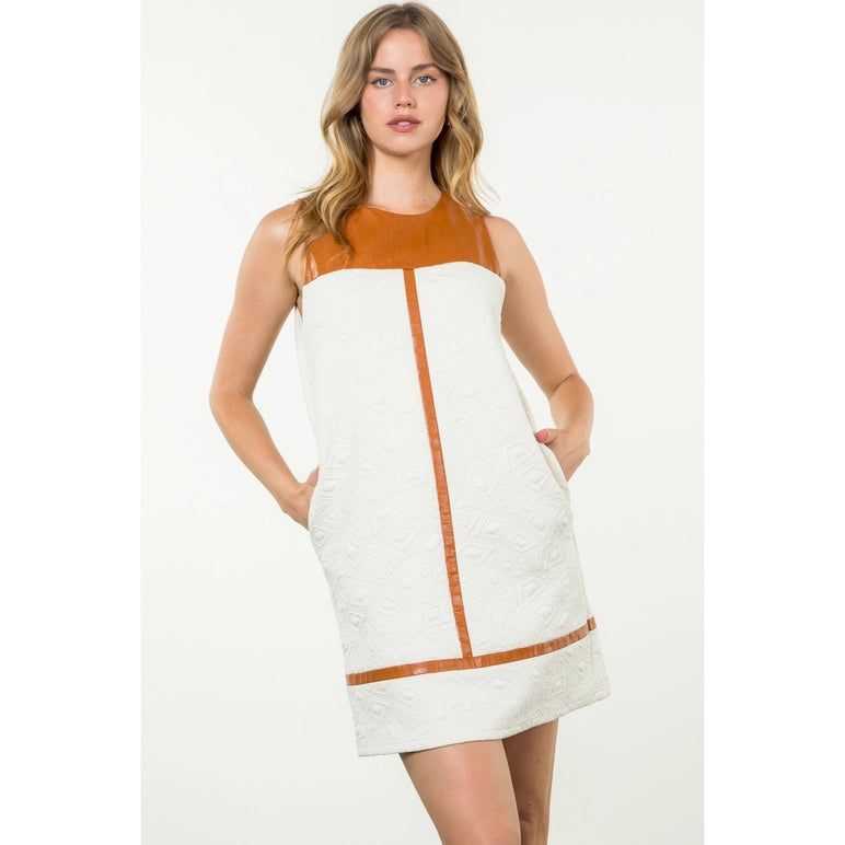 Cream Textured & Burnt Orange Pleather Dress