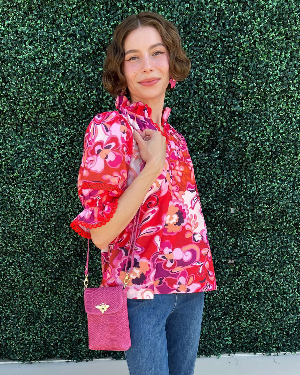 Crimson Jubilee Blouse Women's Boutique Colorful Prints pink and purple