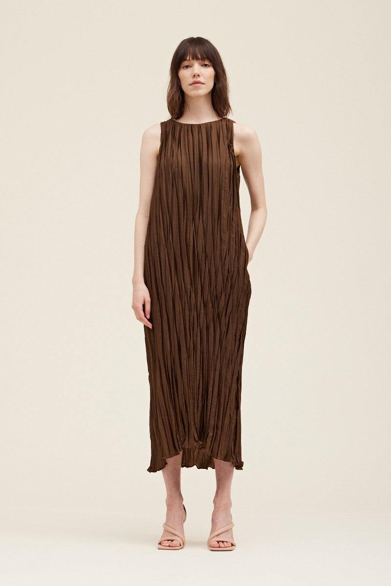 Crinkle Pleated Maxi Dress taupe with belt for holiday event fall winter 2024 with pockets brown tones