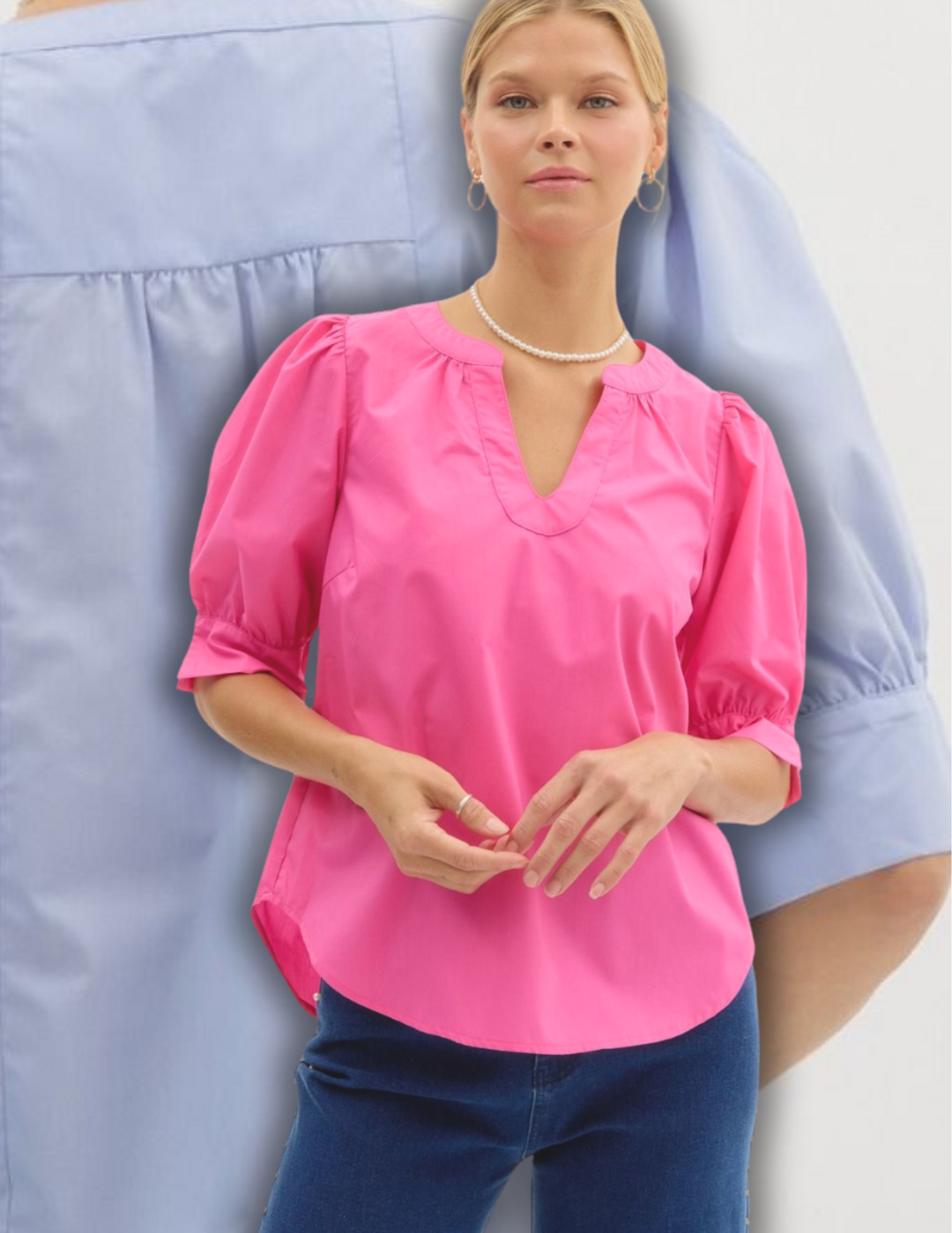 Curved V Neck Blouse cotton in hot pink entro brand