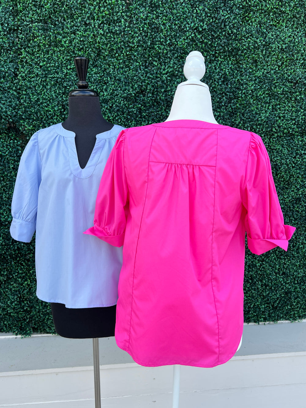 Curved V Neck Blouse cotton in hot pink entro brand with seams at back