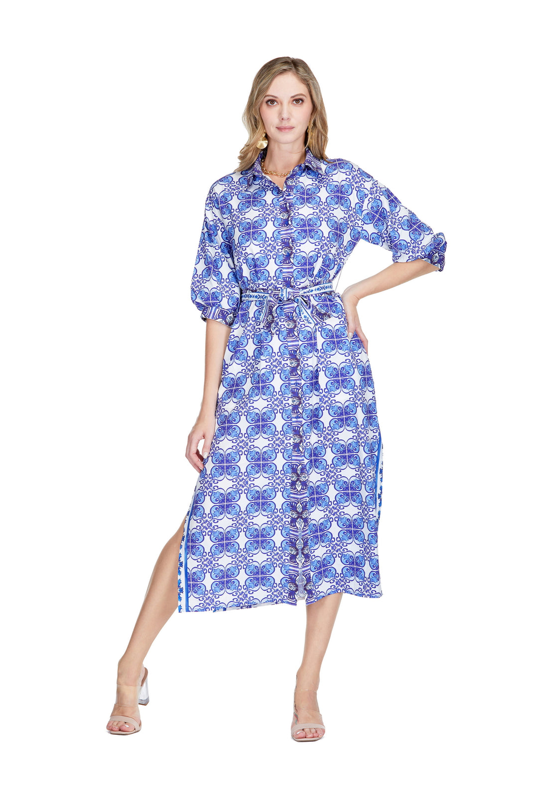 Damask Tile Print Maxi Shirt Dress 3/4th sleeve