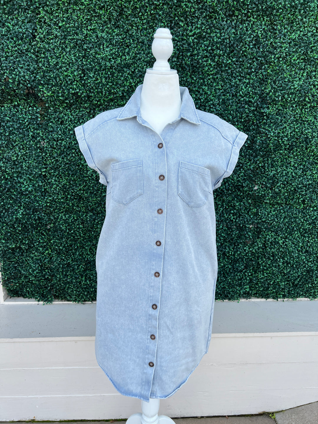 Denim Cap Sleeve Shirt Dress cotton rounded hem button up