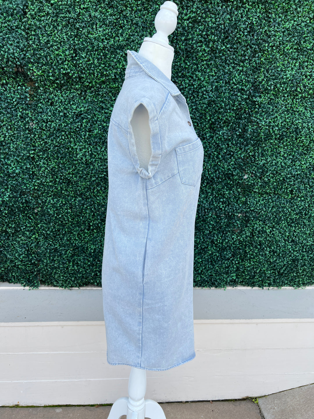 Denim Cap Sleeve Shirt Dress cotton rounded hem button up side