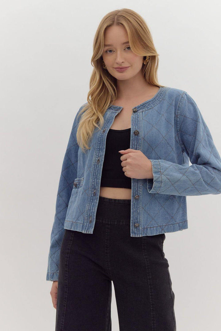Denim diamond pattern quilted long sleeved crop jacket featuring detailed stitching over welt pockets and neck