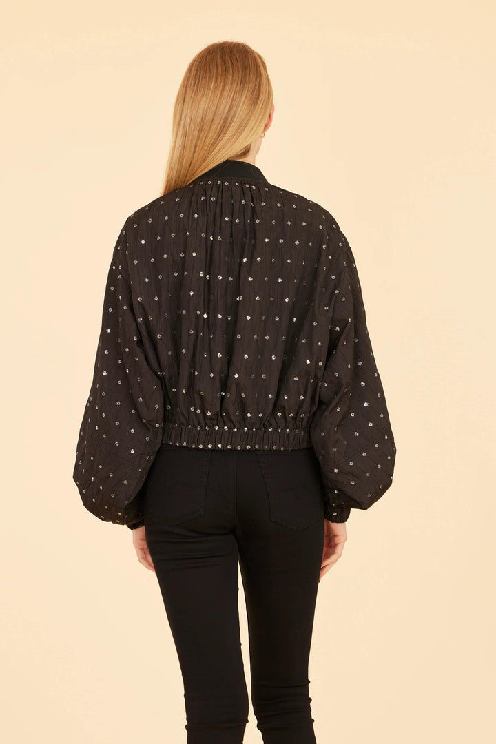 Dolce Cabo sequin black embellished windbreaker jackets tres chic boutique elastic back silver polka dots