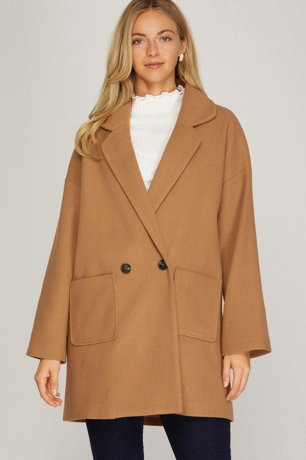 Double Breasted Boyfriend Coat camel online women's boutique affordable buttoned