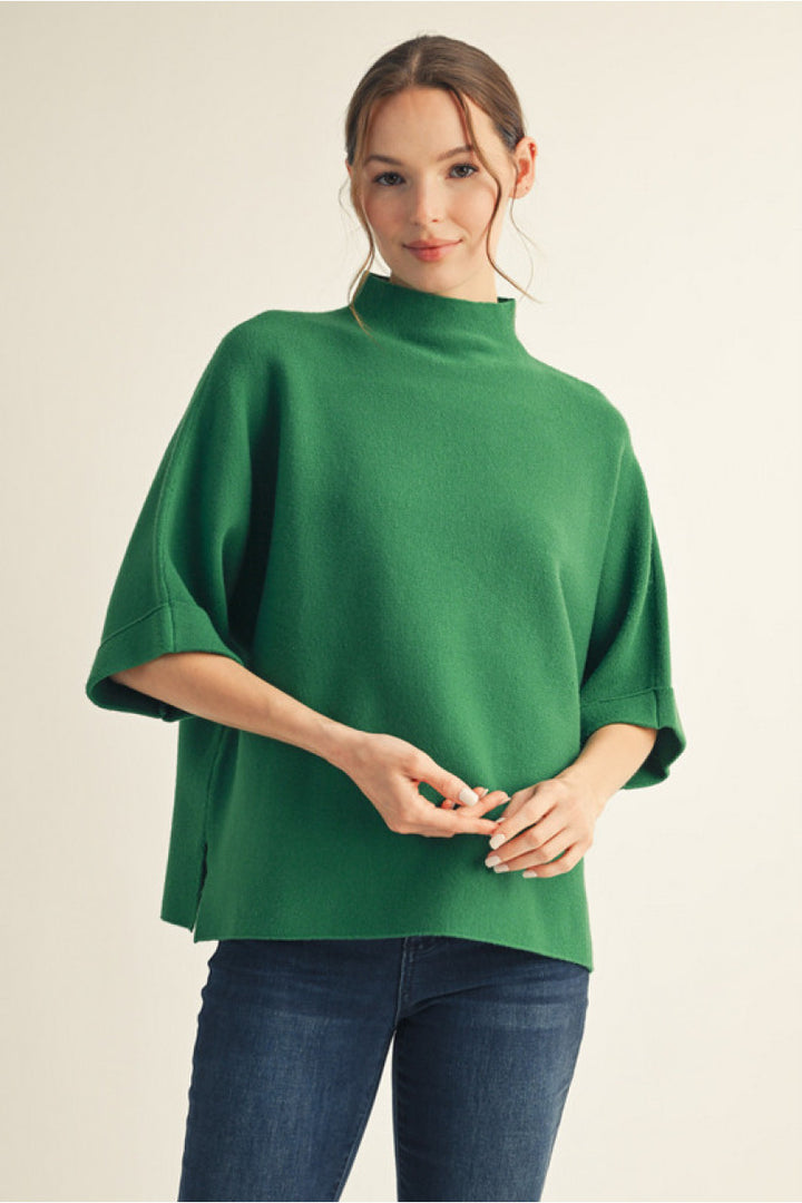 Elbow Sleeve Boxy Sweater cuffed green mock neck
