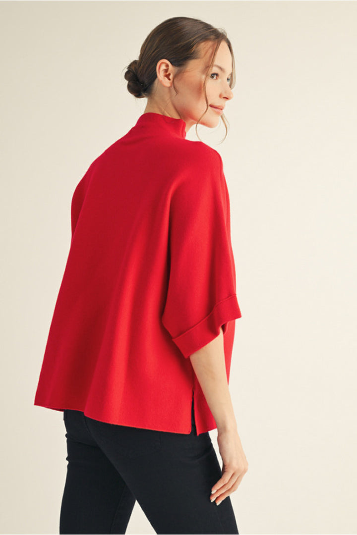 Elbow Sleeve Boxy Sweater cuffed red mock neck back