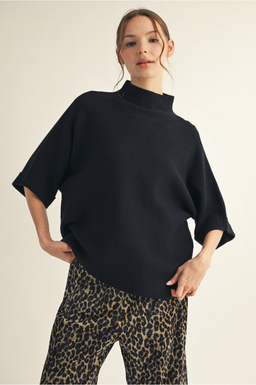Elbow cuffed Sleeve Boxy Sweater black
