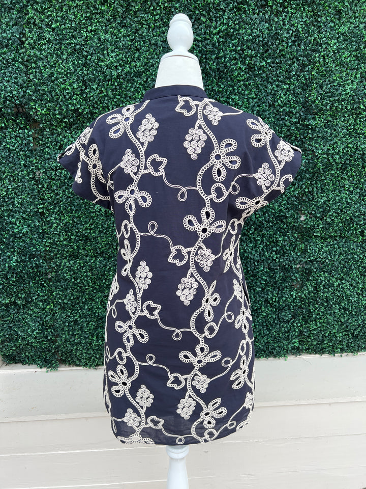 Embroidered Navy Cotton Dress medium Jodifl Women&