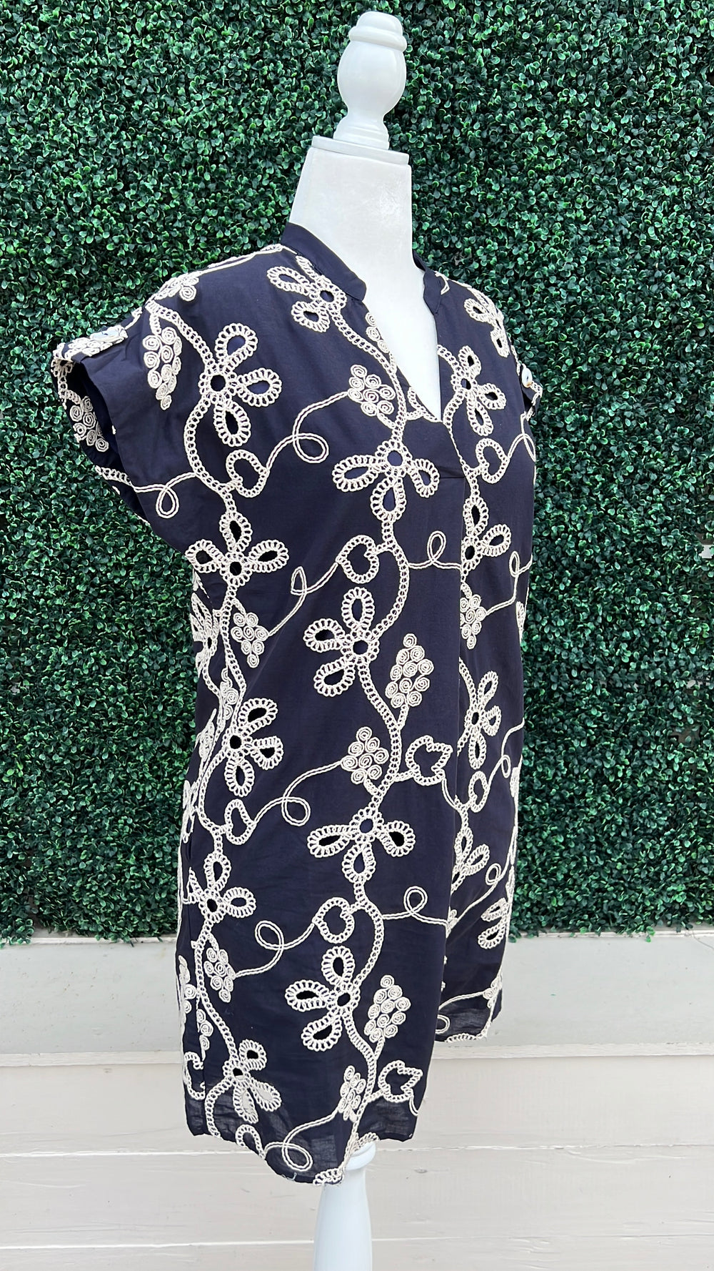 Embroidered Navy Cotton v neck cap sleeve Dress Jodifl Women's Dresses Boutique