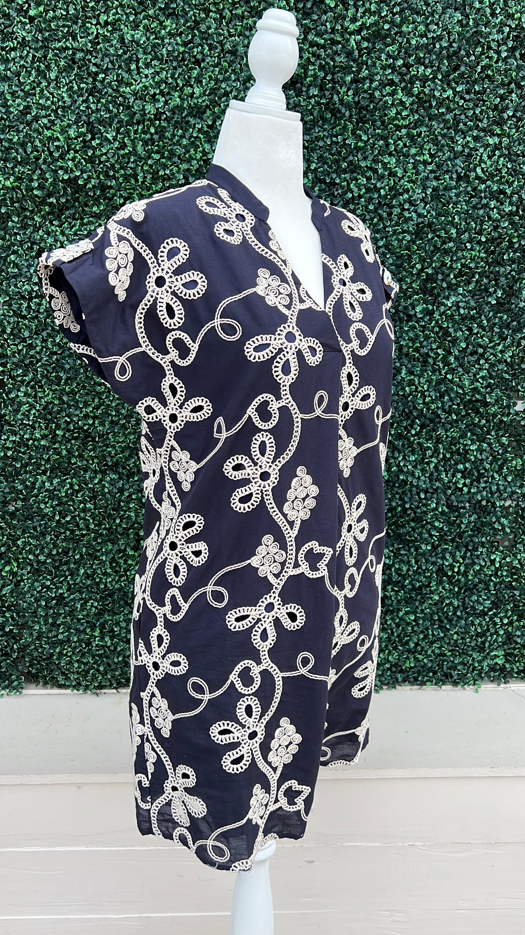 Embroidered Navy Cotton v neck cap sleeve Dress Jodifl Women&