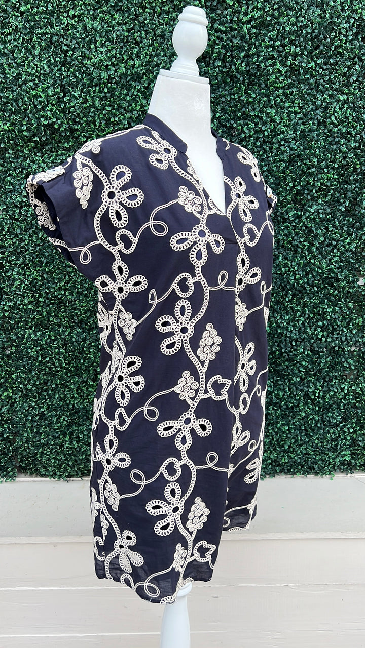 Embroidered Navy Cotton v neck cap sleeve Dress Jodifl Women&