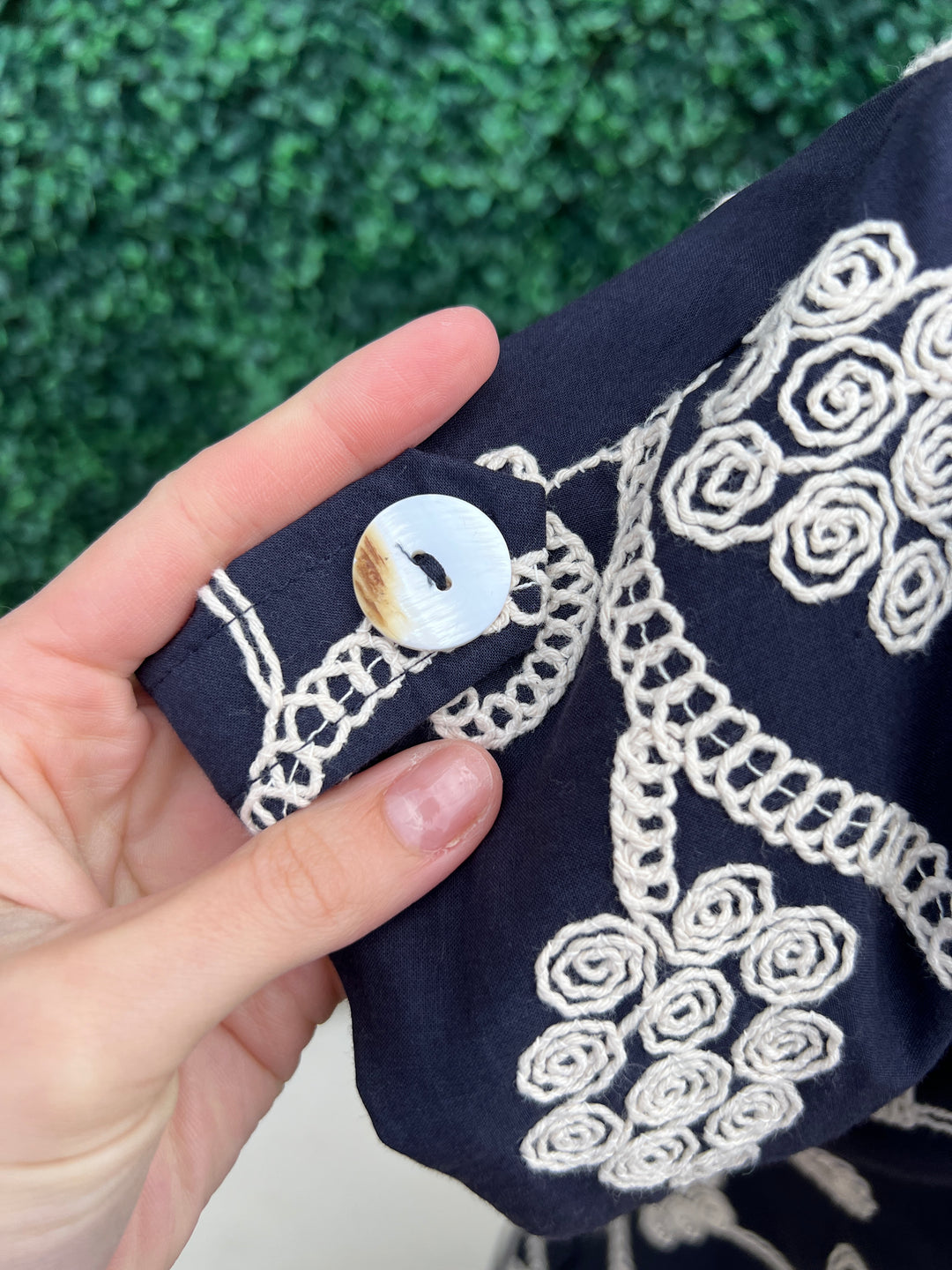 Embroidered Navy Cotton v neck cap sleeve with button Dress Jodifl Women&
