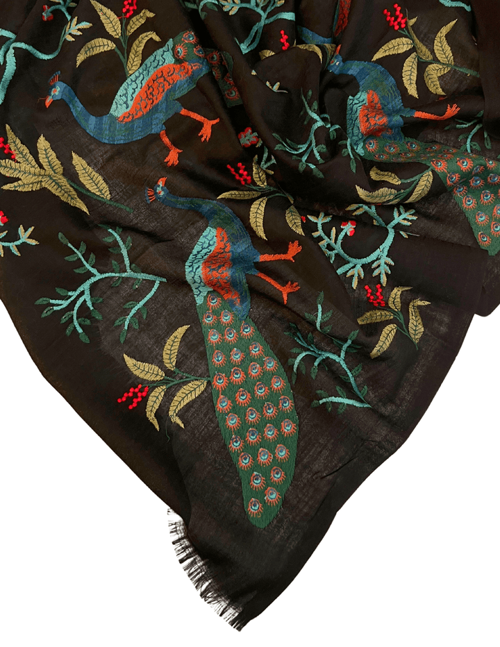 Embroidered Shawl Peacock wool with black background lightweight holiday gift for women