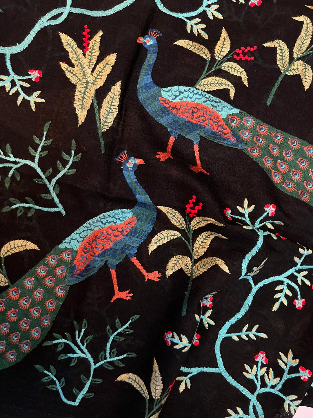 Embroidered Shawl Peacock wool with black background lightweight holiday gift for women anu natural fashions