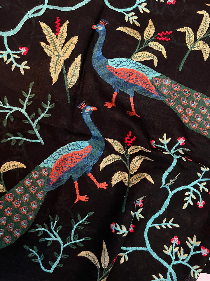 Embroidered Shawl Peacock wool with black background lightweight holiday gift for women anu natural fashions