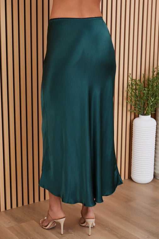 Emerald Bias Cut Skirt High End Women's Online Boutique Tres Chic satin with sweater holiday outfit