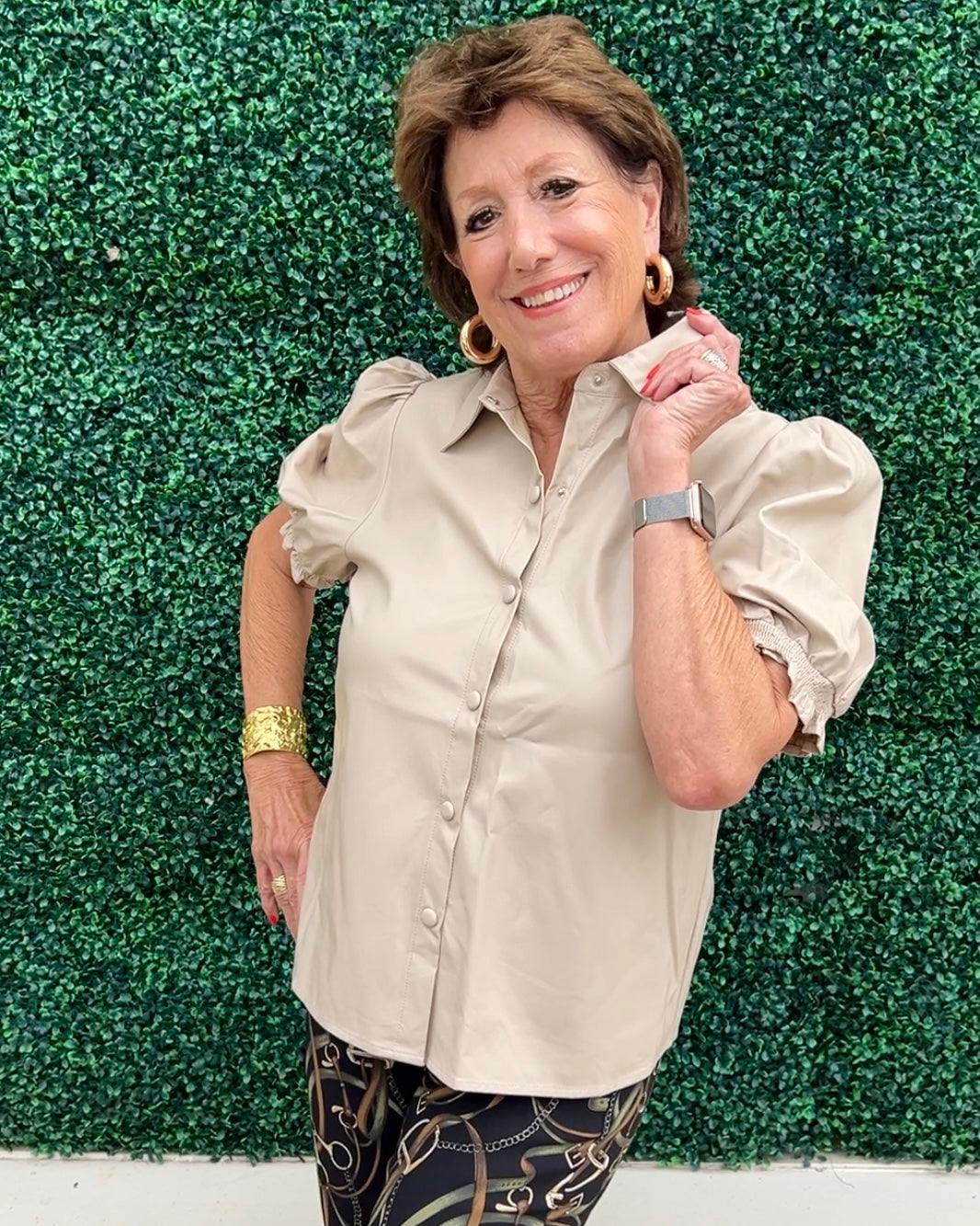 Entro brand vegan Faux leather collared short sleeve top featuring puff sleeve