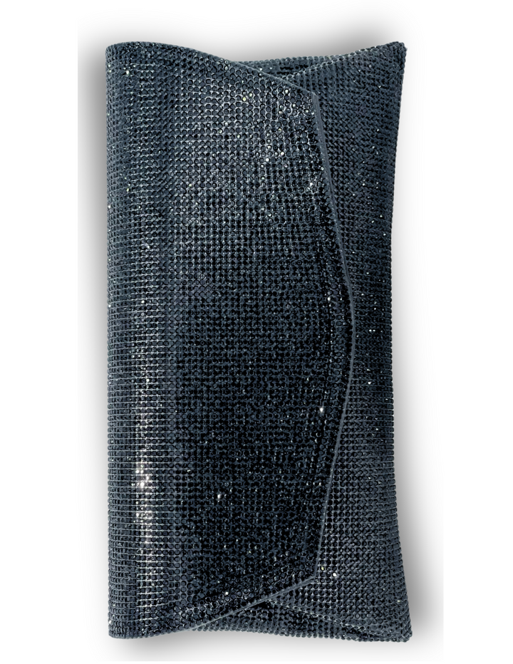 Envelope shape Rhinestone Clutch fits a phone with crossbody chain in black