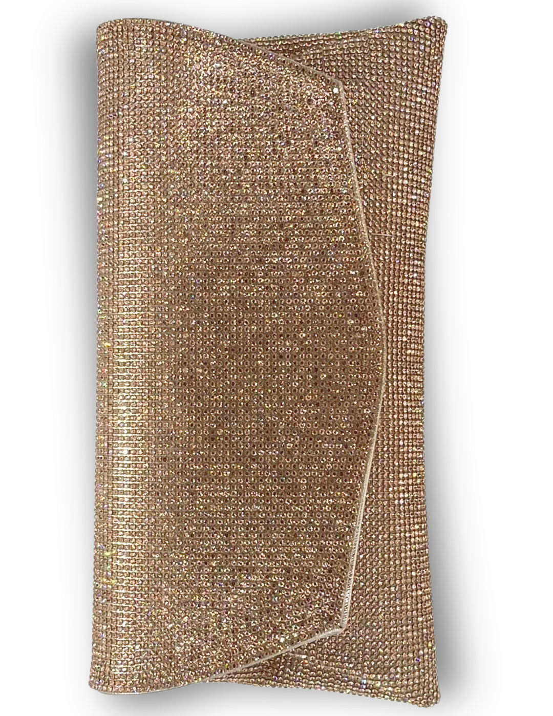 Envelope shape Rhinestone Clutch fits a phone with crossbody chain in rose gold