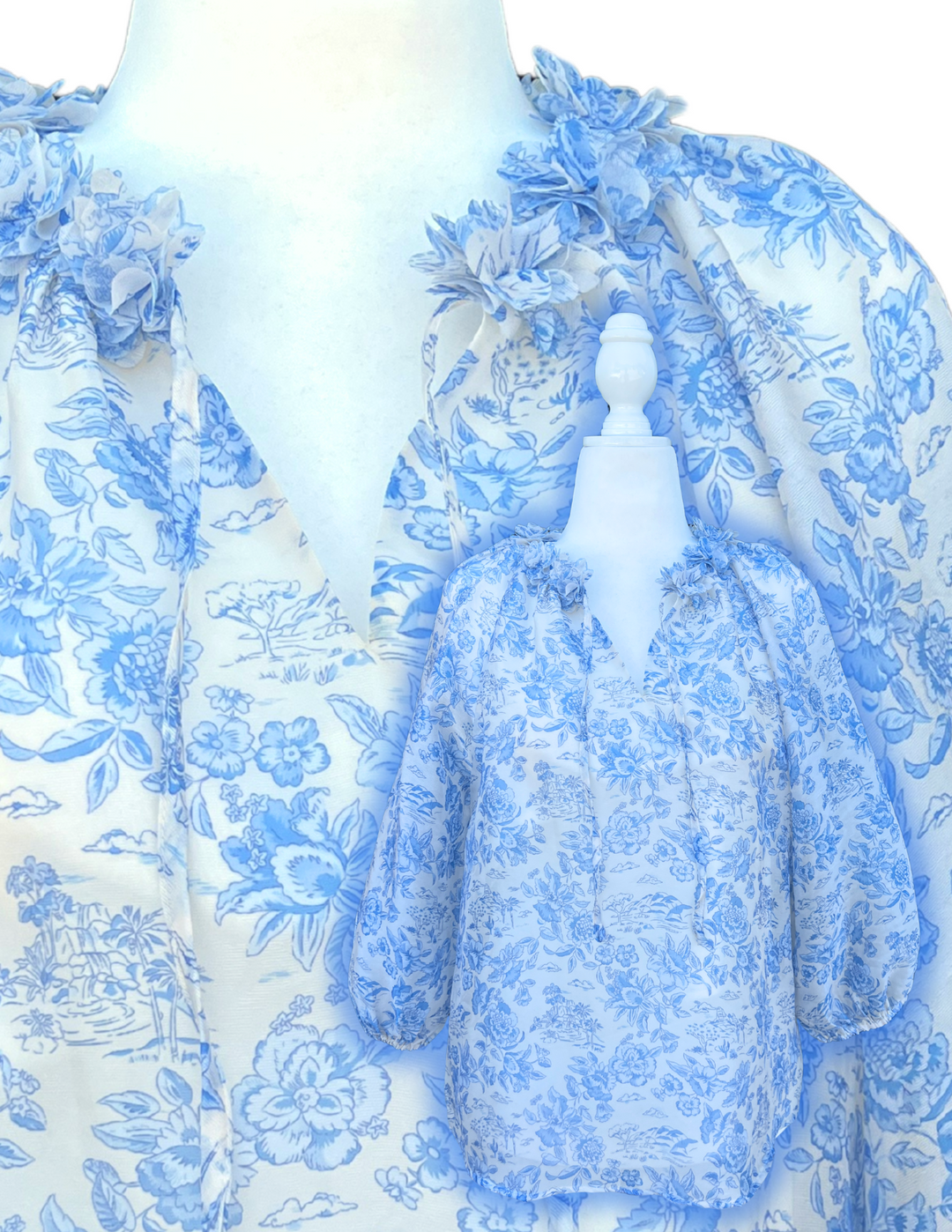 Fabric Flower Blue & White Blouse Quality Women's Boutique Clothing