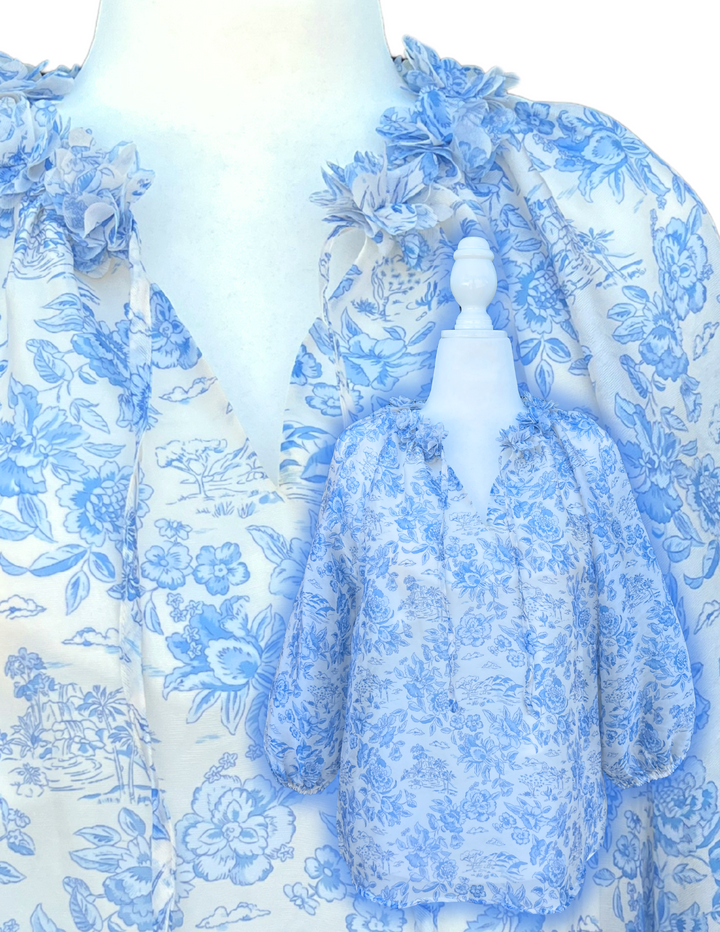 Fabric Flower Blue & White Blouse Quality Women's Boutique Clothing