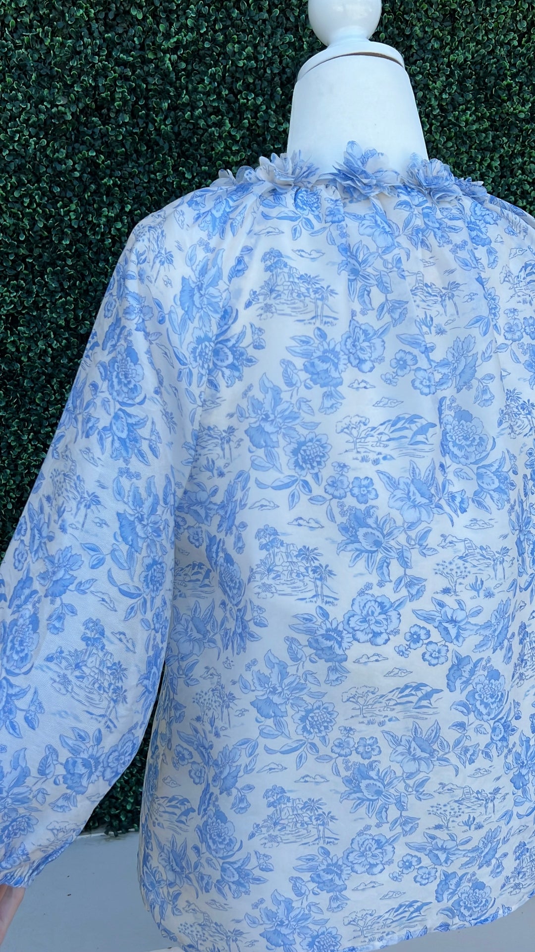 Fabric Flower applique Blue & White Blouse Quality Women's Boutique Clothing back