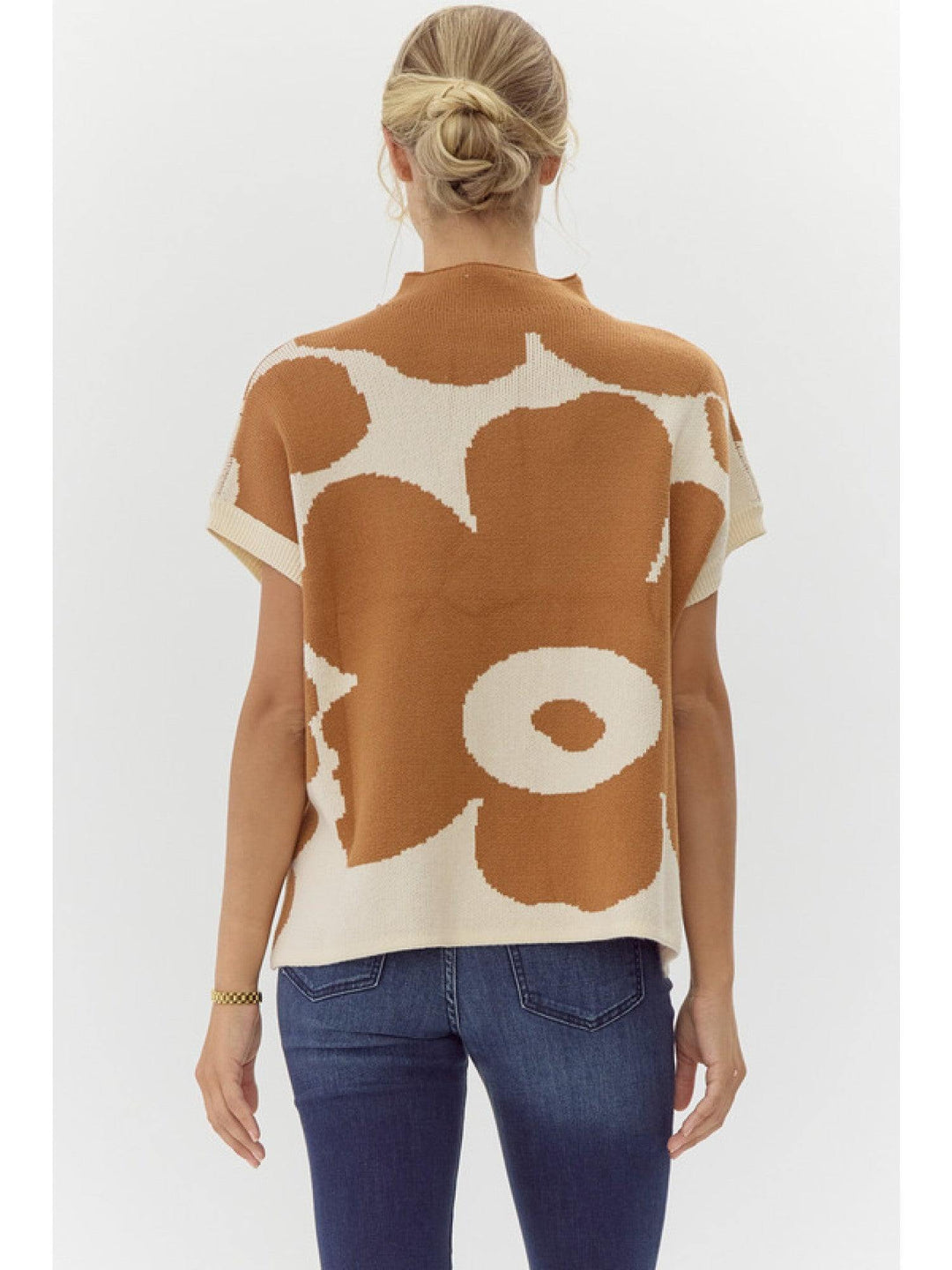 Fall Winter 2024 Abstract Knit Funnel Neck Tee short sleeve knitwear jodifl brand camel and cream flower detail unique clothing boutique