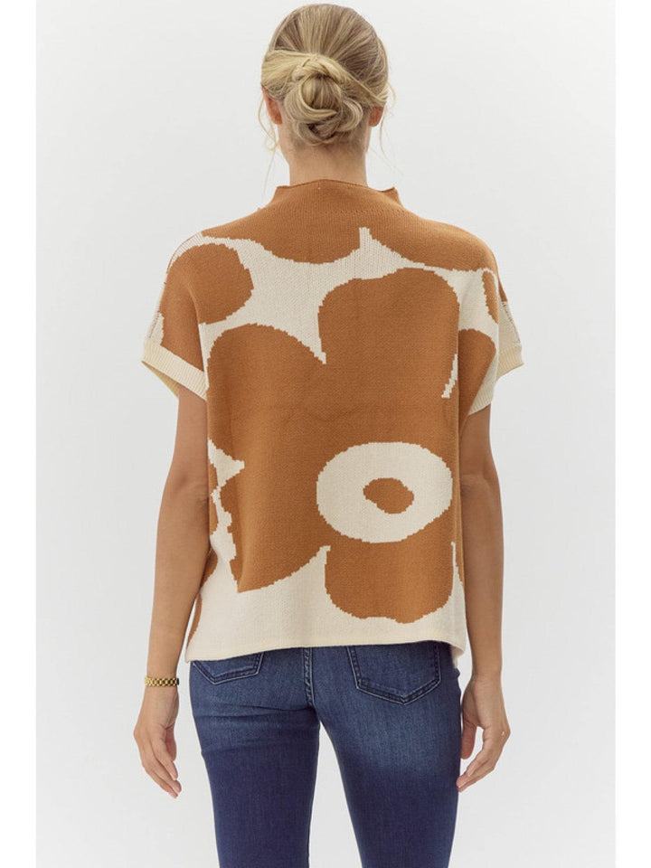 Fall Winter 2024 Abstract Knit Funnel Neck Tee short sleeve knitwear jodifl brand camel and cream flower detail unique clothing boutique