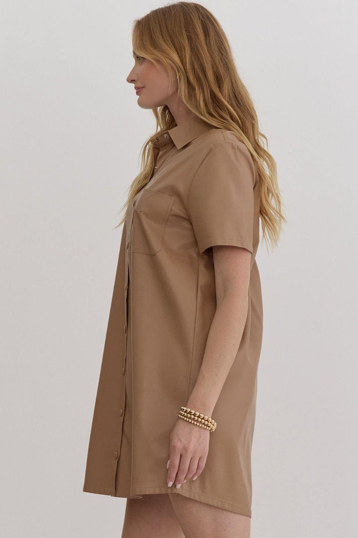 Fall winter 2024 Faux leather collared button-up taupe vegan cream tan color