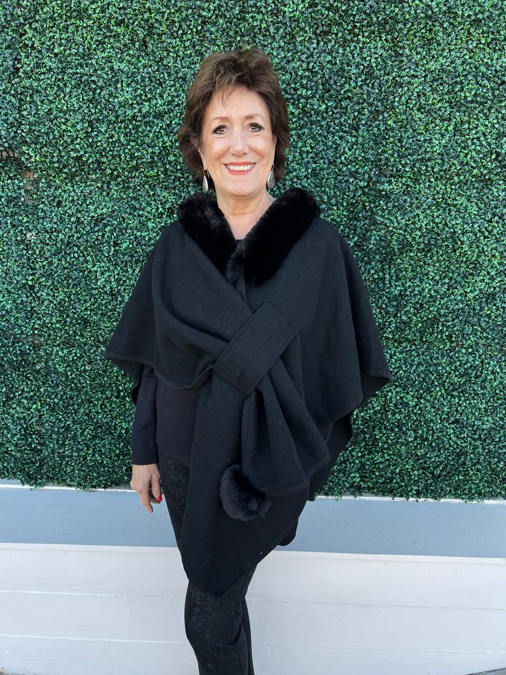 Faux Fur Knit Pull Through Cape with pom pom black