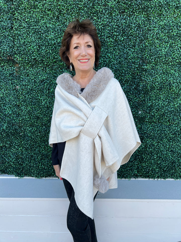 Faux Fur Knit Pull Through Cape with pom pom