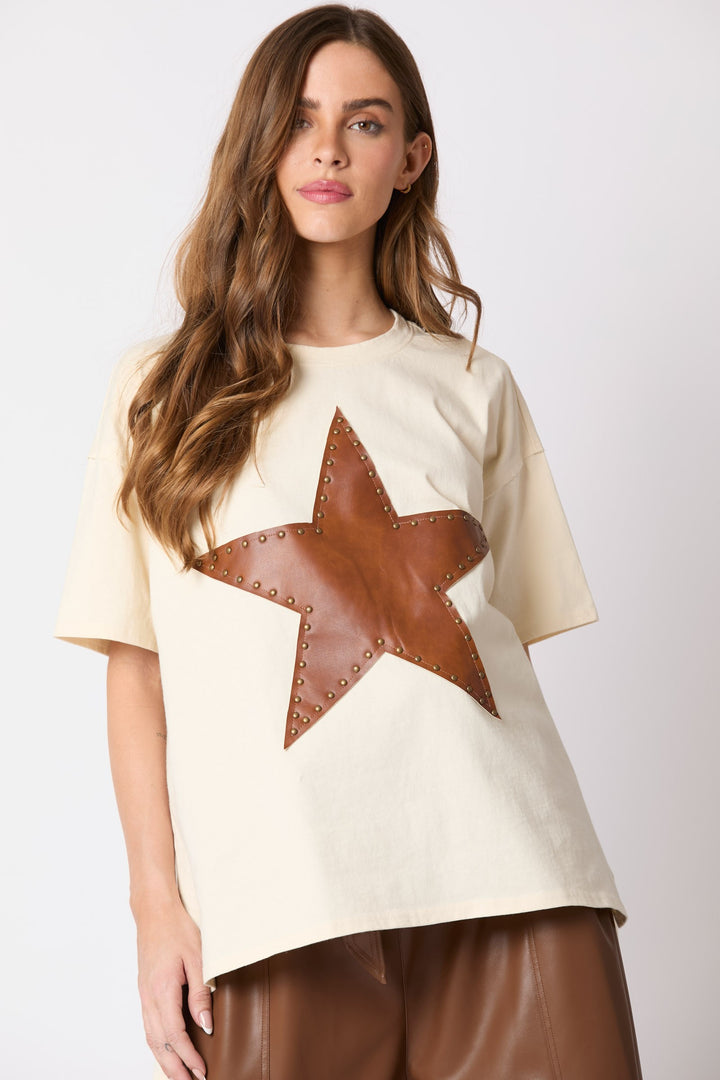Faux Leather Star Studded Tee cream cotton and bronze studs