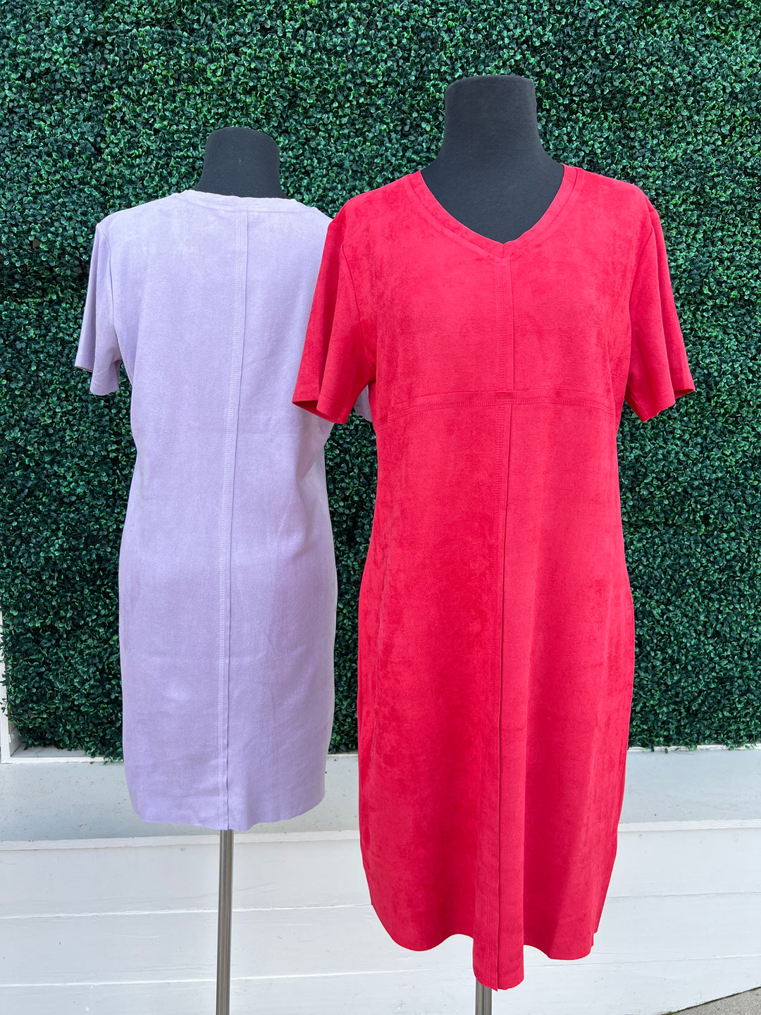 Faux Suede Colorful Sheath Dress Joh. Brand lavender and tomato red