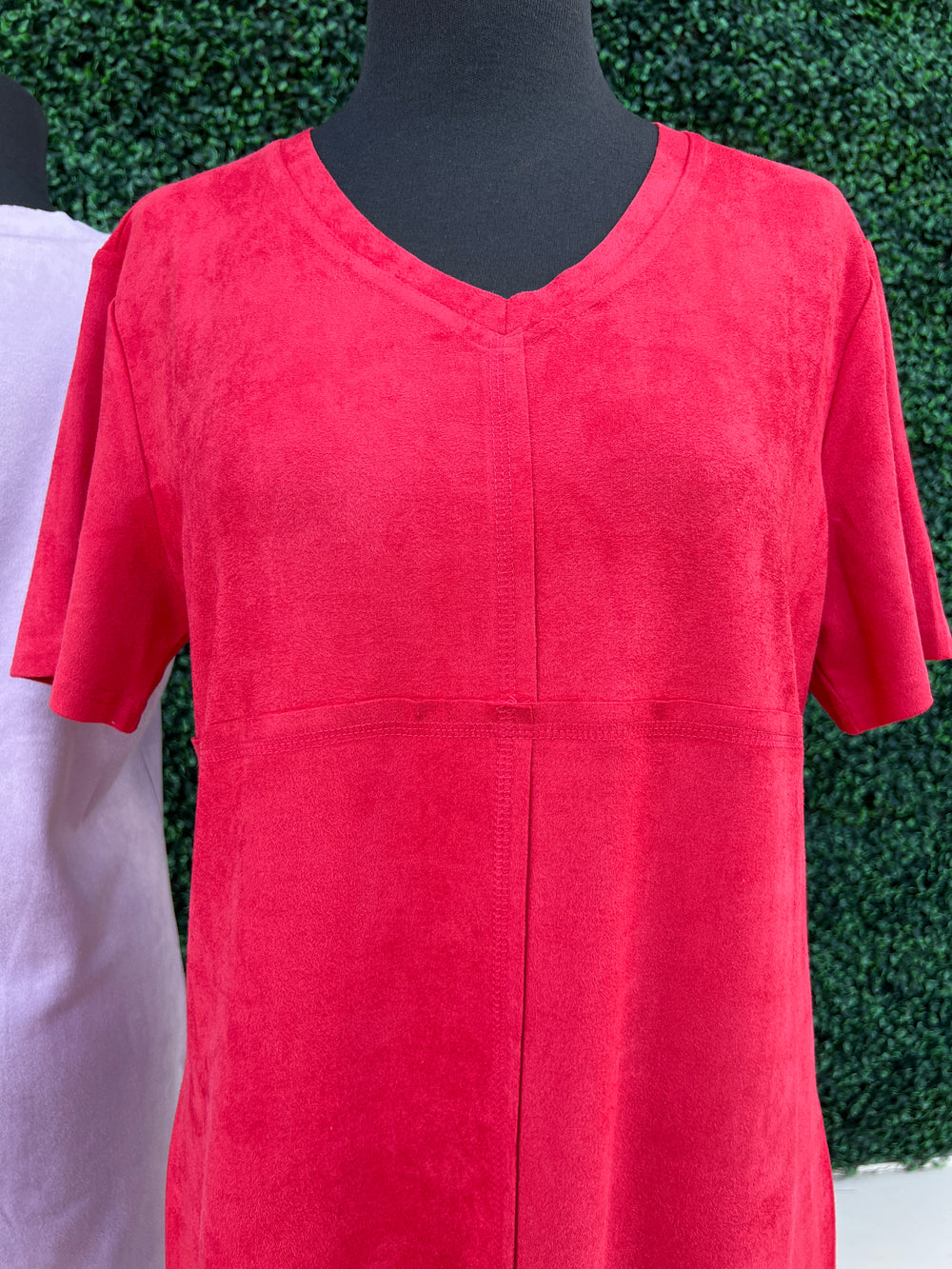 Faux Suede Colorful Sheath Dress Joh. Brand lavender and tomato red with front seams