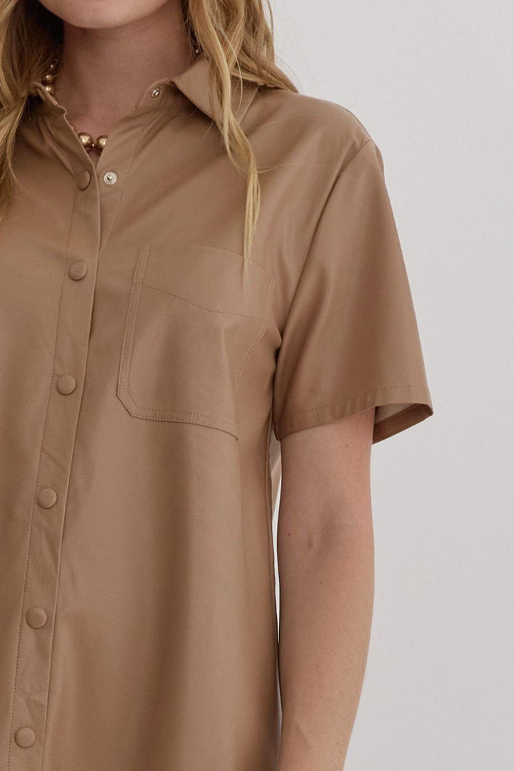 Fall winter 2024 Faux leather collared button-up taupe