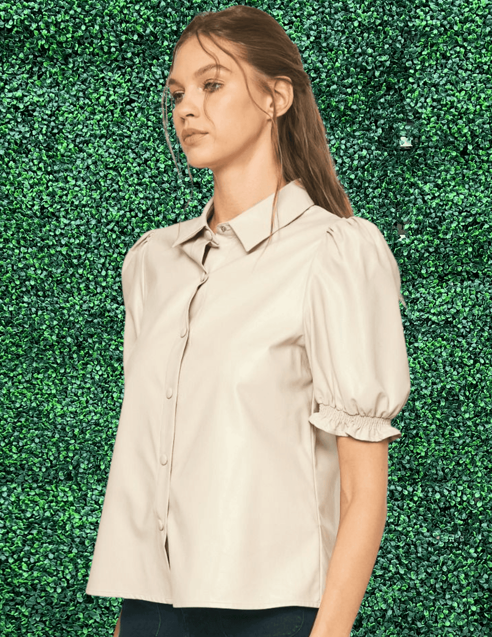 Entro brand vegan Faux leather collared short sleeve top featuring puff sleeve