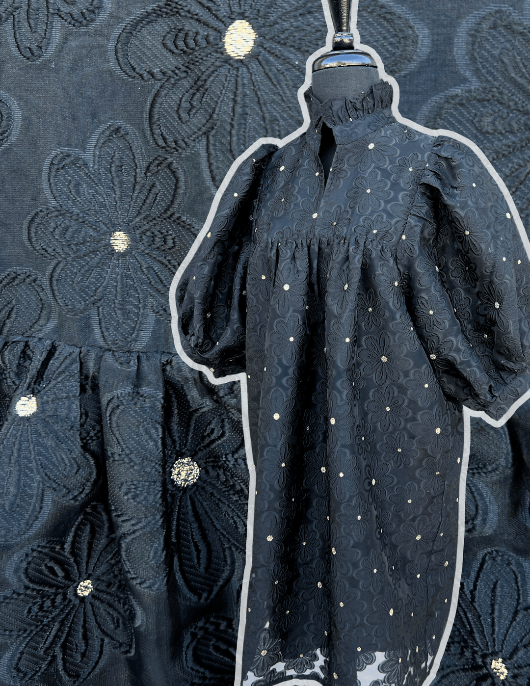 Floral Organza Puff Dress black and gold tres chic womens boutique holiday happy hour tres chic womens boutique women over 50 to the knee dresses