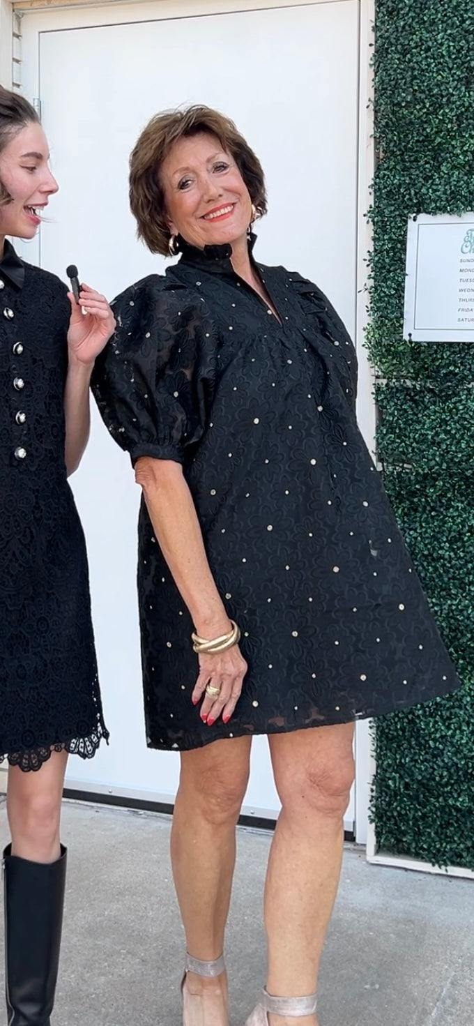 Floral Organza Puff Dress black and gold tres chic womens boutique holiday happy hour tres chic womens boutique women over 50 to the knee dresses