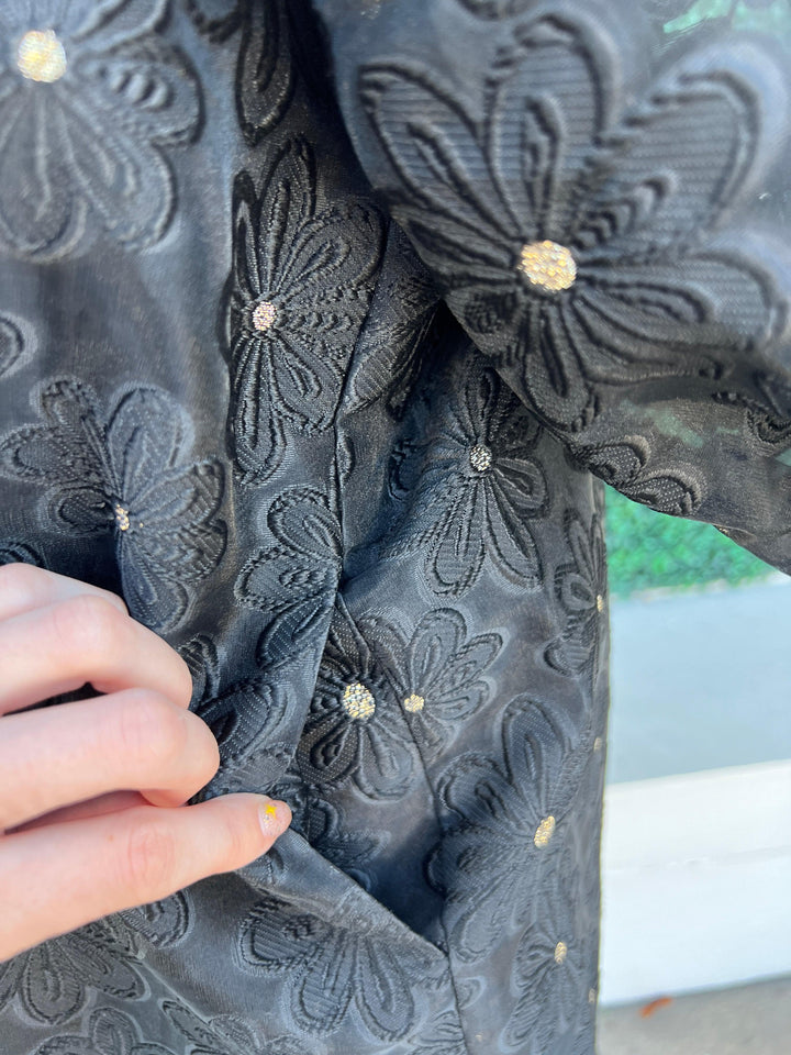 Floral Organza Puff Dress black and gold tres chic womens boutique holiday happy hour tres chic womens boutique women over 50 to the knee dresses