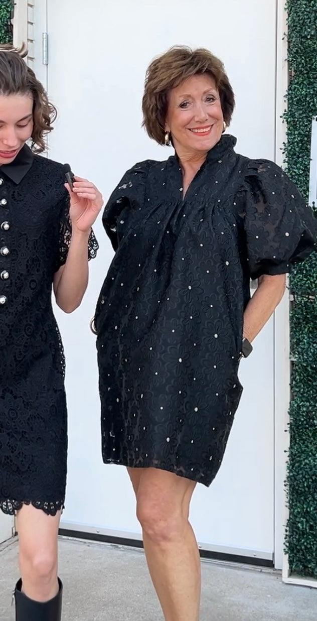 Floral Organza Puff Dress black and gold tres chic womens boutique holiday happy hour tres chic womens boutique women over 50 to the knee dresses