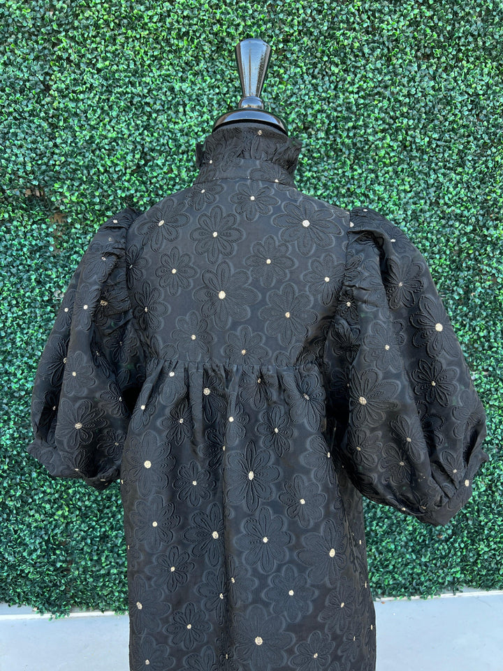 Floral Organza Puff Dress black and gold tres chic womens boutique holiday happy hour tres chic womens boutique women over 50 to the knee dresses