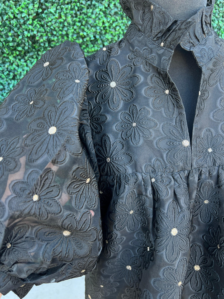 Floral Organza Puff Dress black and gold tres chic womens boutique holiday happy hour tres chic womens boutique women over 50 to the knee dresses