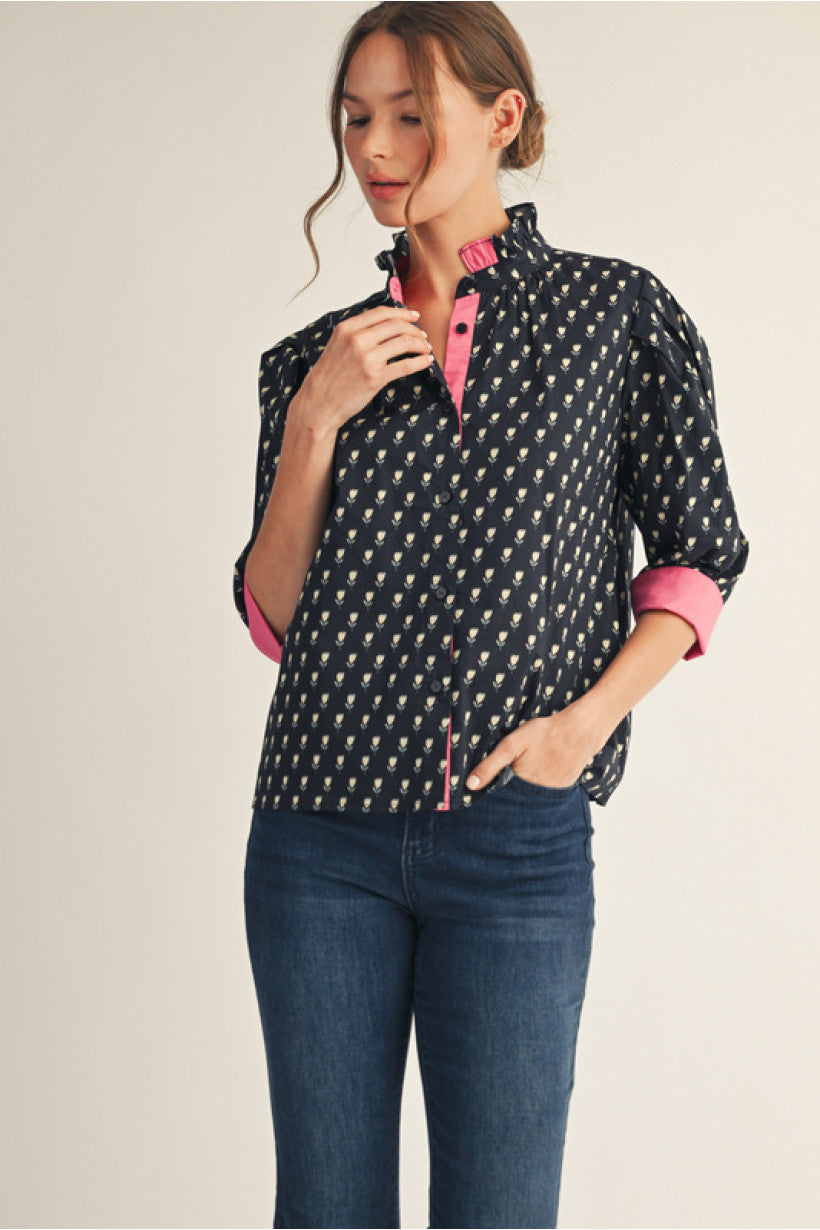 Floral Pink Contrast Blouse Jodifl Fall Florals Boutique ruffle neck