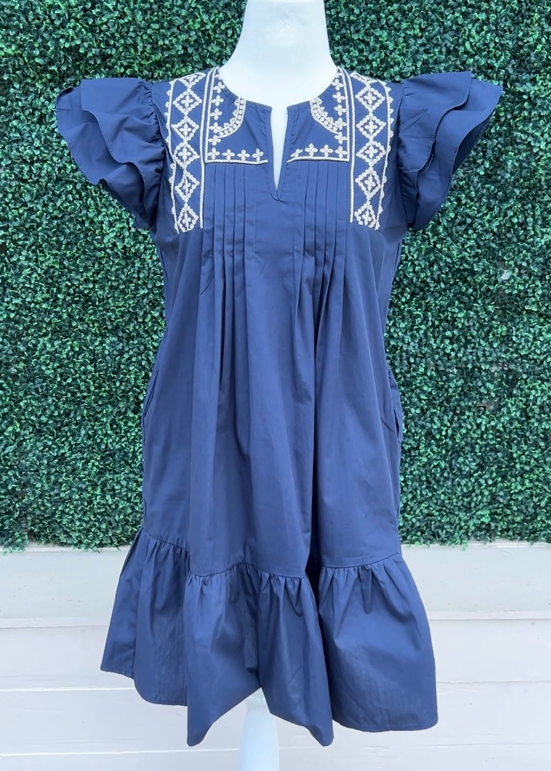 Flutter Sleeve white Embroidered Navy Dress drop ruffle hem pleated detailing